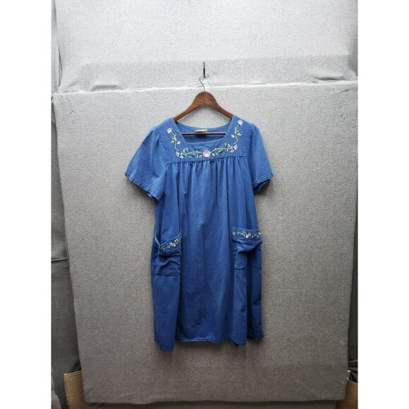 VTG National Blue Embroidered Short Sleeve Dress With Pockets Womens Size L - Picture 1 of 4
